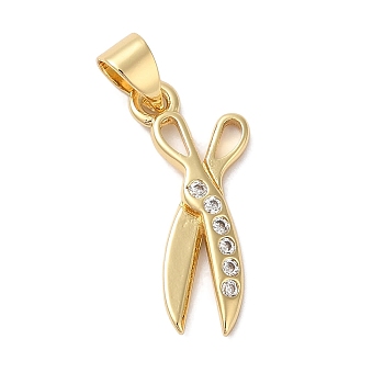 Rack Plating Brass & Cubic Zirconia Pendants, Cadmium Free & Lead Free, Long-Lasting Plated, Scissor, Real 18K Gold Plated, 21x9.5x2mm, Hole: 5mm