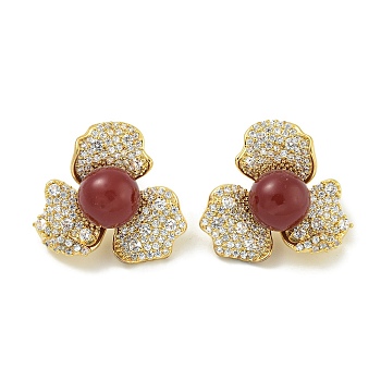 Rack Plating Brass Micro Pave Clear Cubic Zirconia Stud Earrings, with Shell Pearl, Flower, Golden, Dark Red, 22.5x24mm