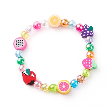 Handmade Polymer Clay Beads Stretch Bracelets for Kids, with Transparent Acrylic Beads, Colorful, Inner Diameter: 1-3/4 inch(4.5cm)