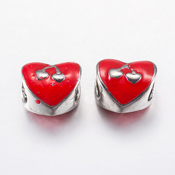 Alloy Enamel European Beads, Large Hole Beads, Heart with Cherry, Platinum, Red, 10x10x7.5mm, Hole: 5mm