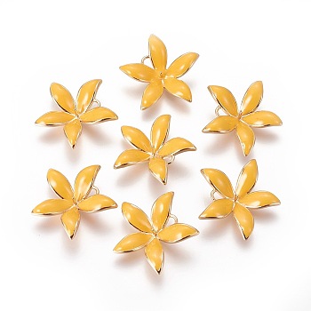 Brass Enamel Peg Bails Pendants, For Half Drilled Beads, Nickel Free, Flower, Real 18K Gold Plated, Gold, 23x24x6mm, Hole: 2mm, Pin: 1mm