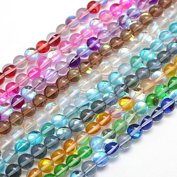 Synthetic Moonstone Beads Strands, Holographic Beads, Half AB Color Plated, Round, Mixed Color, 6mm, Hole: 1mm, about 64pcs/strand, 15 inch