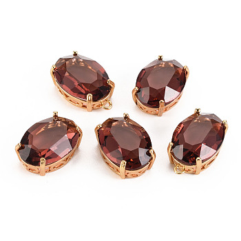 Transparent Glass Pendants, with Brass Prong Settings, Faceted, Oval, Light Gold, Brown, 20x13x8.5mm, Hole: 1.5mm