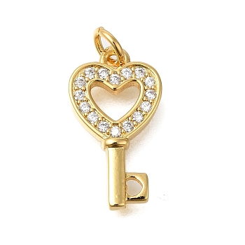 Rack Plating Brass Micro Pave Cubic Zirconia Pendants, Long-Lasting Plated, Lead Free & Cadmium Free, Real 18K Gold Plated Charms, with Jump Ring, Key, 18x10x2.5mm, Hole: 3mm