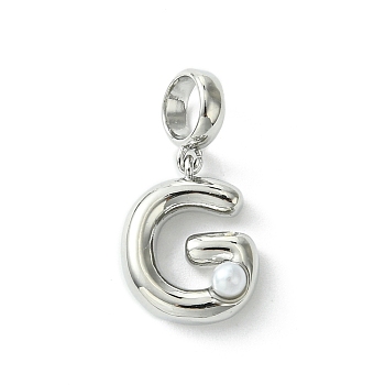 Rack Plating Brass with ABS Plastic Pearl European Dangle Charms, Large Hole Pendants, Long-Lasting Plated, Lead Free & Cadmium Free, Platinum, Letter G, 22mm long, hole: 5mm, pendant: 14x11x5mm