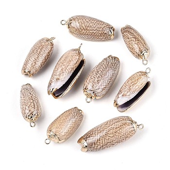 Electroplate Natural Sea Shell Pendants, Shell Shape Charms, with Brass Loops, Golden, Sienna, 28.5~39x12~17x10.5~13.5mm, Hole: 1.8~2mm