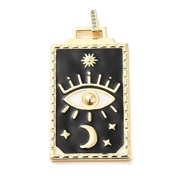 Real 18K Gold Plated Brass Rhinestone Pendants, with Enamel, Rectangle with Eye & Moon Charm, Black, 46x26x3mm, Hole: 5x3mm