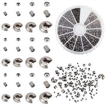 Elite Brass & Iron Crimp Beads and Crimp Bead Covers Set, Gunmetal, Crimp Beads: 1.5~3x1.5~3mm, Hole: 1~2.5mm, Bead Cover: 3~5mm, Hole: 1.2~1.8mm, about 1500pcs/box