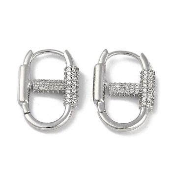 Carabiner Brass Micro Pave Clear Cubic Zirconia Hoop Earrings, Real Platinum Plated, 18.5x3mm