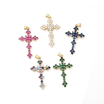 Rack Plating Brass Micro Pave Cubic Zirconia Pendants, Cadmium Free & Lead Free, Real 18K Gold Plated, Cross, Mixed Color, 39.5x24x4mm, Hole: 4.5x3.5mm