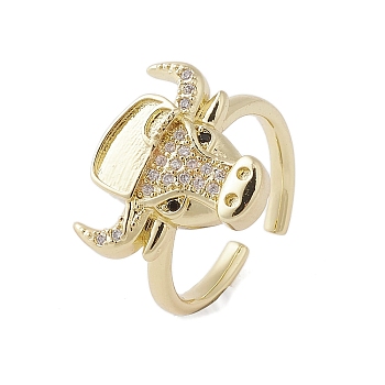 Brass with Micro Pave Cubic Zirconia Adjustable Open Rings, Cattle, Real 18K Gold Plated, Inner Diameter: 16.6mm