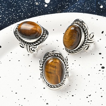 Natural Tiger Eye Adjustable Rings, Lead Free & Cadmium Free, Antique Silver Plated Brass Finger Rings for Women, Oval, 27mm, Inner Diameter: 17mm