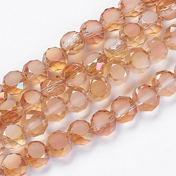 Electroplate Glass Beads, Half Plated, Faceted, Frosted, Flat Round, Sandy Brown, 6x3mm, Hole: 1mm