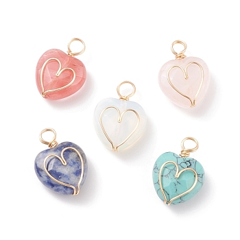 Natural & Synthetic Gemstone Pendants, Twisted with Golden Tone Copper Wire, Facted, Heart, 21x15x8.5mm, Hole: 3.4~4mm