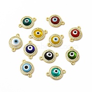 Rack Plating Real 18K Gold Plated Brass Micro Pave Clear Cubic Zirconia Connector Charms, Flat Round with Evil Eye Links, with Handmade Lampwork, Cadmium Free & Lead Free, Long-Lasting, Mixed Color, 18.5x13x4mm, Hole: 1.4mm(ZIRC-L102-04G)