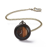 Ebony Wood Pocket Watch with Brass Curb Chain and Clips, Flat Round Electronic Watch for Men, Black, 16-3/8~17-1/8 inch(41.7~43.5cm)(WACH-D017-A17-01AB-03)