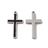 201 Stainless Steel Pendants, Jet Rhinestone Cross Charms, Stainless Steel Color, 21x11.5x2mm, Hole: 1mm(STAS-J401-VC644)
