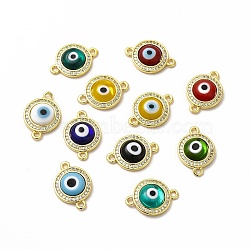 Rack Plating Real 18K Gold Plated Brass Micro Pave Clear Cubic Zirconia Connector Charms, Flat Round with Evil Eye Links, with Handmade Lampwork, Cadmium Free & Lead Free, Long-Lasting, Mixed Color, 18.5x13x4mm, Hole: 1.4mm(ZIRC-L102-04G)