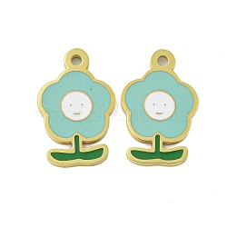 304 Stainless Steel Charms, with Enamel, Flower with Smiling Face Charm, Real 14K Gold Plated, Turquoise, 13x8x1mm, Hole: 1mm(STAS-L022-435G-04)