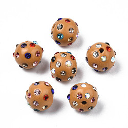 Polymer Clay Rhinestone Beads, Pave Disco Ball Beads, Round, BurlyWood, PP15(2.1~2.2mm), 9~10.5x9mm, Hole: 1.2mm(RB-T017-31J-A)