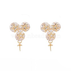 Brass Micro Pave Clear Cubic Zirconia Stud Earring Findings, for Half Drilled Beads, Nickel Free, Star, Real 18K Gold Plated, 21.5x14mm, Pin: 0.6mm, pin: 0.7mm(for half drilled beads)(KK-S364-129)