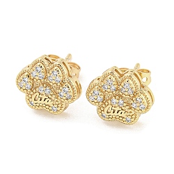 Brass Micro Pave Cubic Zirconia Stud Earrings, Paw Print with Word, Real 18K Gold Plated, 10.5x12.5mm(EJEW-P261-41G)