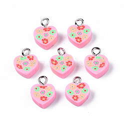 Handmade Polymer Clay Charms, with Platinum Plated Iron Loop, Heart with Flower, Pink, 11~12.5x9.5~10x4~5mm, Hole: 1.8mm(CLAY-N006-46B)