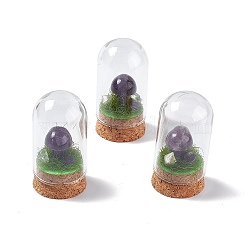 Natural Amethyst Mushroom Display Decoration with Glass Dome Cloche Cover, Cork Base Bell Jar Ornaments for Home Decoration, 30x57.5mm(G-E588-03H)