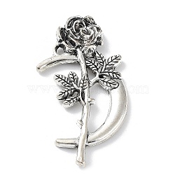 Tibetan Style Alloy Pendants, Moon with Rose Charm, Antique Silver, 42.5x22x4mm, Hole: 1.6mm(PALLOY-D027-09AS)