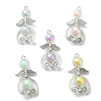 Transparent Acrylic Pendants, with Antique Silver Plated Alloy Findings, Angel, Mixed Color, 38~38.5x19~19.5x9~10mm, Hole: 2.5~2.8mm