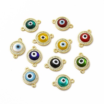 Rack Plating Real 18K Gold Plated Brass Micro Pave Clear Cubic Zirconia Connector Charms, Flat Round with Evil Eye Links, with Handmade Lampwork, Cadmium Free & Lead Free, Long-Lasting, Mixed Color, 18.5x13x4mm, Hole: 1.4mm