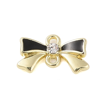 Rack Plating Alloy Black Enamel Bowknot Connector Charms, with Crystal Rhinestone, Golden, 11.5x19x4mm, Hole: 2mm
