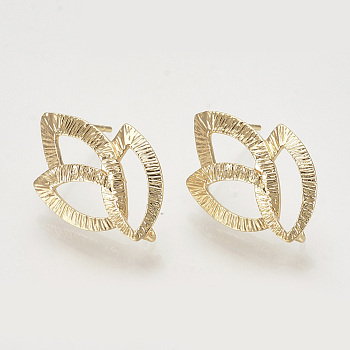 Brass Stud Earring Findings, with Loop, Leaf, Nickel Free, Real 18K Gold Plated, 22x14.5mm, Hole: 2mm, Pin: 0.8mm