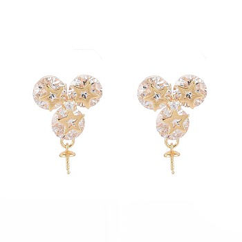 Brass Micro Pave Clear Cubic Zirconia Stud Earring Findings, for Half Drilled Beads, Nickel Free, Star, Real 18K Gold Plated, 21.5x14mm, Pin: 0.6mm, pin: 0.7mm(for half drilled beads)