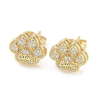 Brass Micro Pave Cubic Zirconia Stud Earrings, Paw Print with Word, Real 18K Gold Plated, 10.5x12.5mm