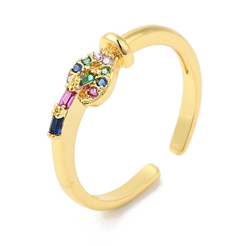 Colorful Cubic Zirconia Heart Open Cuff Rings, Brass Jewelry for Women, Real 16K Gold Plated, US Size 7 1/4(17.5mm)