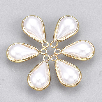 ABS Plastic Imitation Pearl Charms, with Brass Findings, teardrop, Real 18K Gold Plated, Creamy White, 14.5x8x5.5mm, Hole: 1.2mm