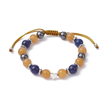 Natural Red Aventurine & Lapis Lazuli & Brass Heart Braided Bead Bracelet, Adjustable Bracelet for Women, Inner Diameter: 2-1/8~3-3/8 inch(5.4~8.6cm)