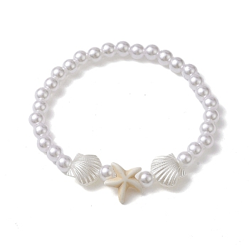 ABS Plastic Imitation Pearl Beaded Stretch Bracelet, Seashell Color, Inner Diameter: 2-1/8 inch(5.4cm)