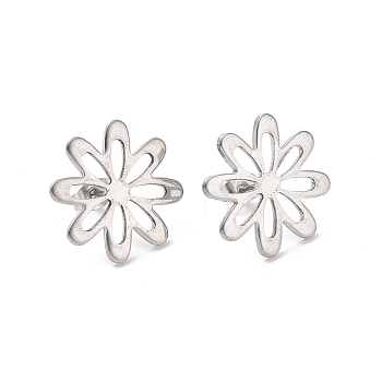 201 Stainless Steel Stud Earring Findings, with 304 Stainless Steel Pin and Ear Nuts, Flower, Stainless Steel Color, 21mm, Hole: 2x6mm, Pin: 0.7mm