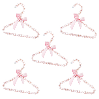 Iron Pet Hanger, with Plastic Pearl Beads and Bowknot Polyester Ribbon, for Pet Clothing Supplies, Pink, 167x195x12mm