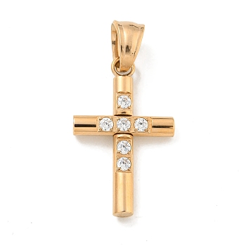 Ion Plating(IP) 304 Stainless Steel Cubic Zirconia Pendants, Cross Charm, Rose Gold, 24.5x15x3mm, Hole: 6x5mm