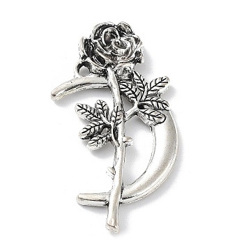 Tibetan Style Alloy Pendants, Moon with Rose Charm, Antique Silver, 42.5x22x4mm, Hole: 1.6mm