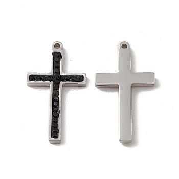 201 Stainless Steel Pendants, Jet Rhinestone Cross Charms, Stainless Steel Color, 21x11.5x2mm, Hole: 1mm