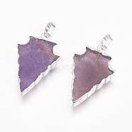 Natural Amethyst Pendants, with Brass Findings, Arrow, Silver, 30x16~19x4mm, Hole: 4x6mm(G-E493-P02-05S)