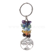 Natural Gemstone Keychain, with Brass Findings, Flat Round with Tree, 88mm, Pendant: 28.5x25x2mm(X-KEYC-JKC00163-02)