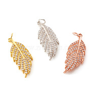 Brass Micro Pave Cubic Zirconia Pendants, with Jump Rings, Feather, Clear, Mixed Color, 22x8.5x2mm, Jump Ring: 4x0.5mm, Hole: 2.5mm(KK-I672-11)