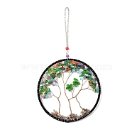 Wire Wrapped Chips Natural Gemstone Big Pendant Decorations, with Iron Chains and Imitation Leather Rope, Flat Round with Tree of Life, 295mm(HJEW-A005-05D)