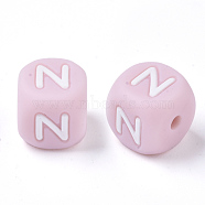 Food Grade Eco-Friendly Silicone Beads, Horizontal Hole, Chewing Beads For Teethers, DIY Nursing Necklaces Making, Letter Style, Cube, Pink, Letter.N, 10x10x10mm, Hole: 2mm(SIL-R011-10mm-04N)