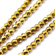 Electroplate Non-magnetic Synthetic Hematite Beads Strands, Faceted, Round, Golden Plated, 3mm, Hole: 0.5mm, about 133pcs/strand, 15.75 inch(40cm)(G-I193-12B-04)